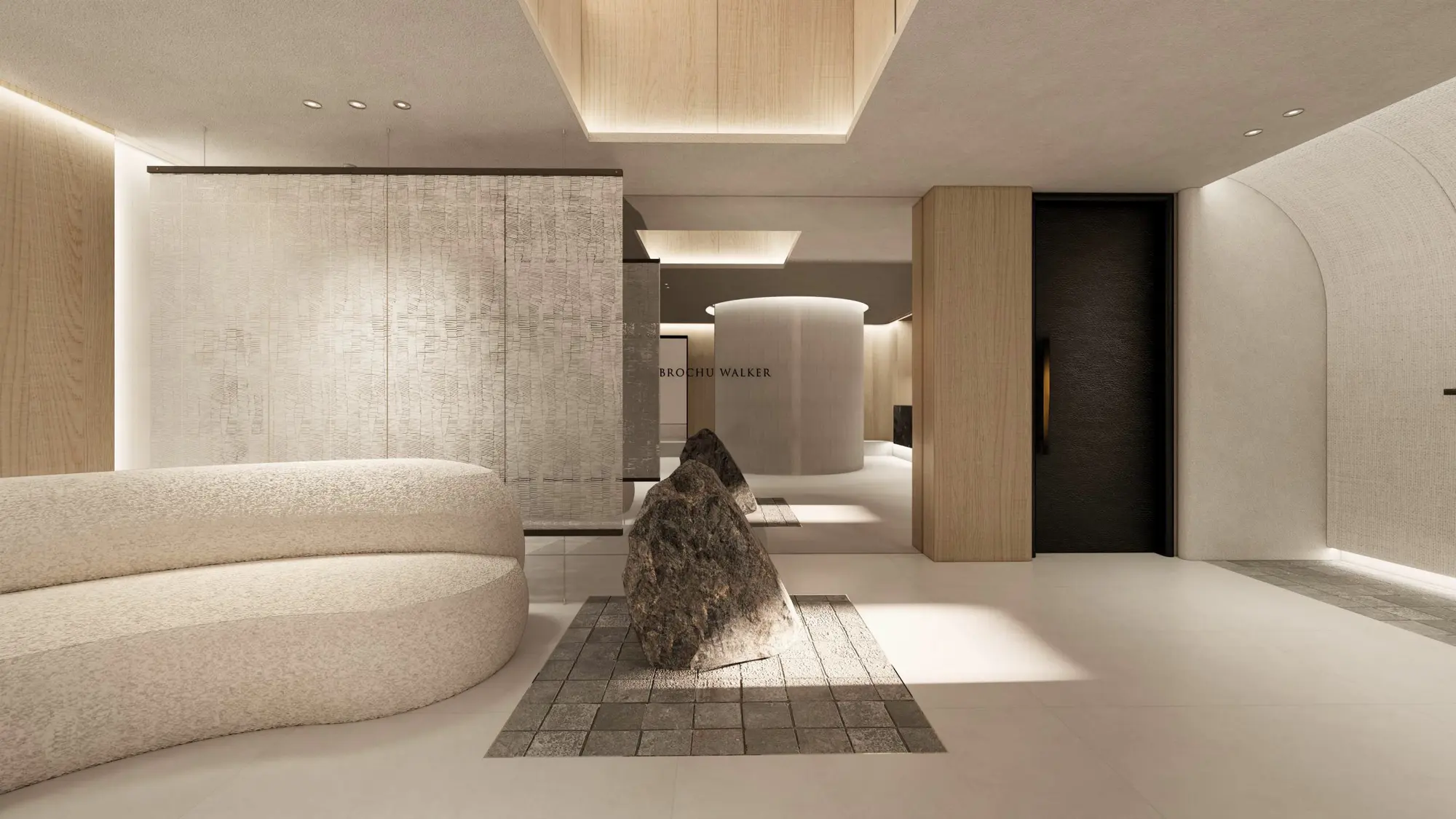 Визуализация интерьера Maison Seoul с каменными объектами и округлым диваном