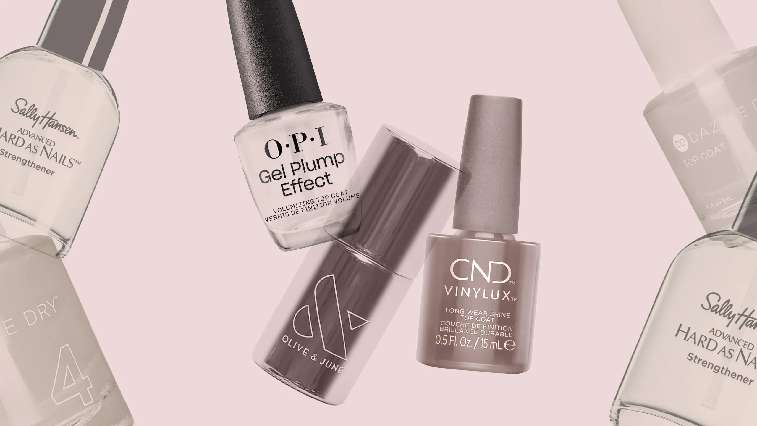 Флаконы прозрачных топовых покрытий OPI, CND, Sally Hansen и других брендов