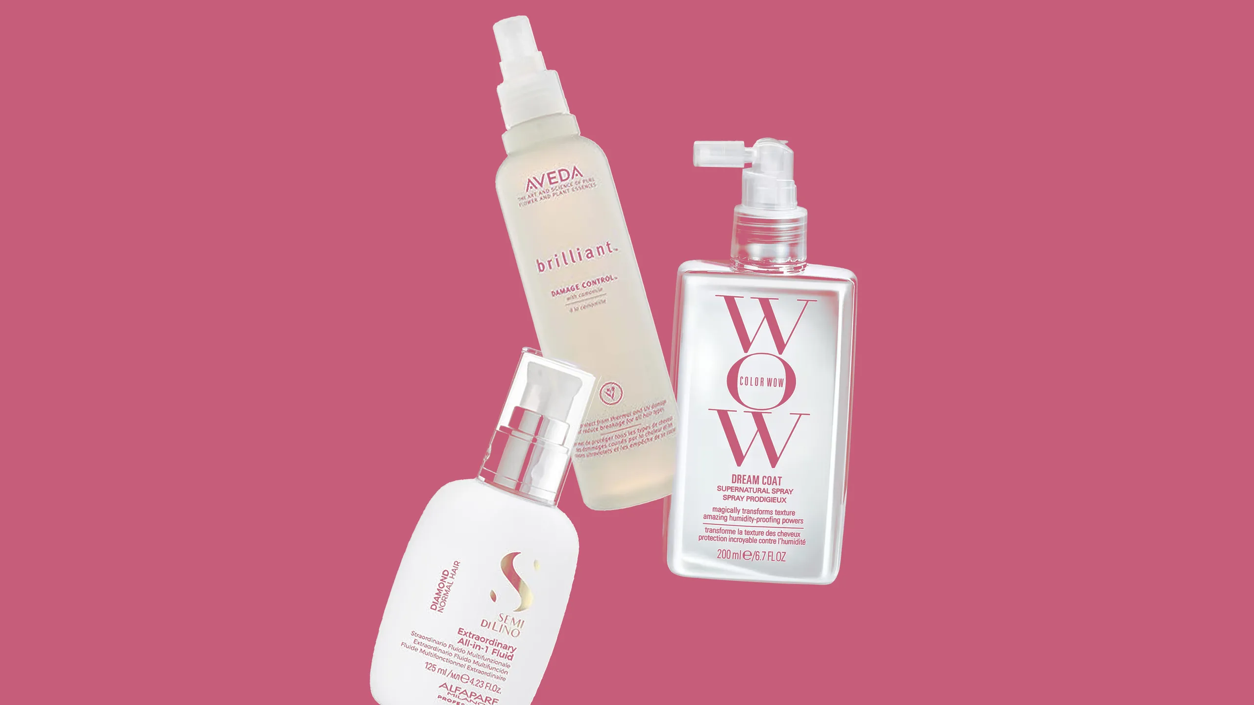 Термозащитные средства Aveda, Color Wow и Alfaparf на розовом фоне