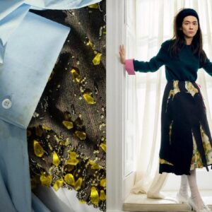 Зеленый джемпер Prada с декорированной юбкой и строгой черной сумкой